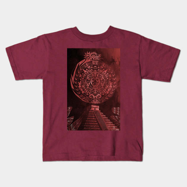 the aztec calendar in dragon quetzalcoatl night Kids T-Shirt by jorge_lebeau